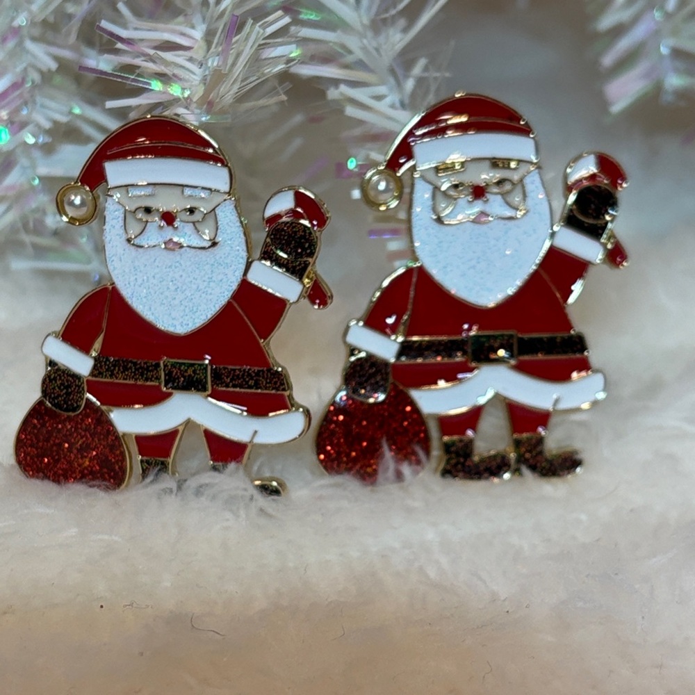 Holiday Santa Enamel Dangle Earrings Red Glitter Christmas Jewelry - Picture 2 of 3